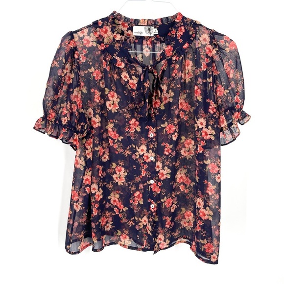 Anthropologie Everleigh Floral Tie Neck Ruffle Short Sleeve Button Blouse Top - Picture 1 of 6